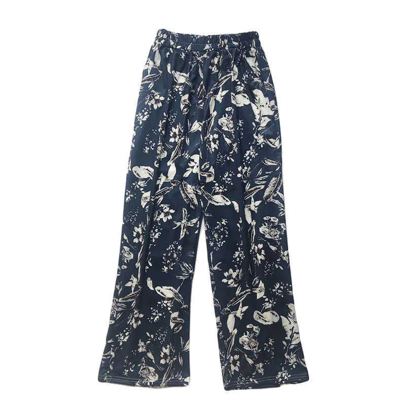 Qooth Retro Proste Drukowane Spodnie Kwiatowe Dark Blue Spring Wide Neg Spodnie Damskie Long Casual Vintage Elastyczne spodnie w pasie QT602 Q0801
