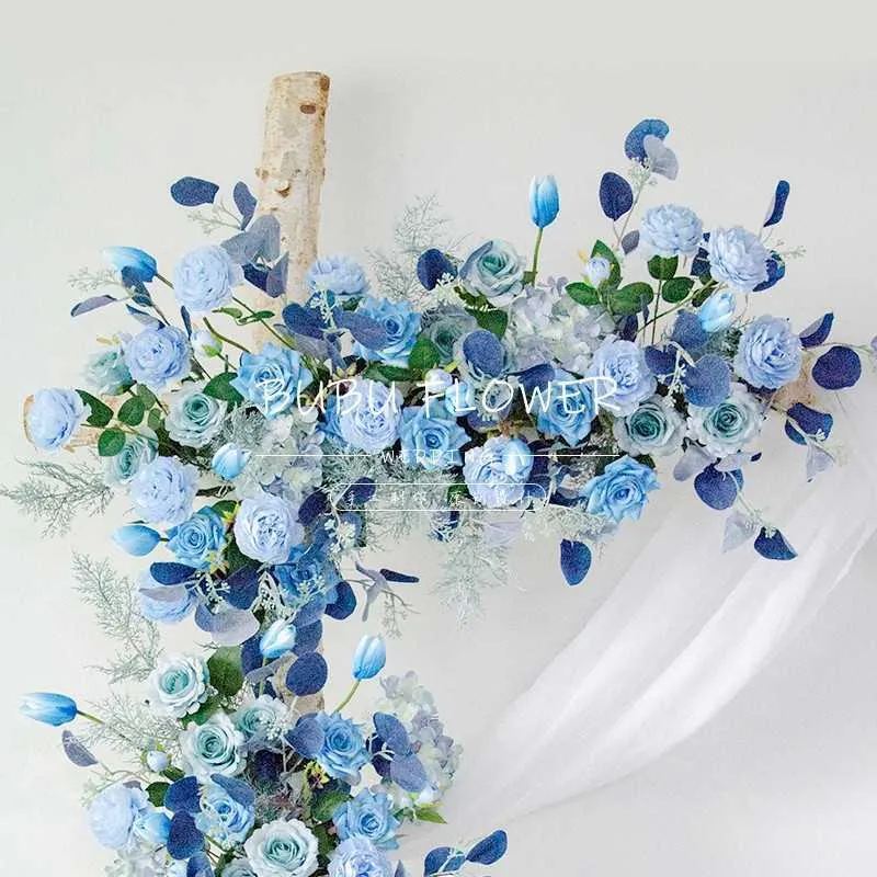 Rangée de fleurs artificielles bleu blanc arc de mariage fond accessoires de fête décor de scène fenêtre el mur floral 2107061247601