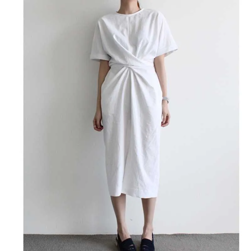 Zomer koreaanse chic losse casual wit o hals korte mouw split t-shirt jurk vrouwen bandage geplooid elegante vestido de mujer 210610