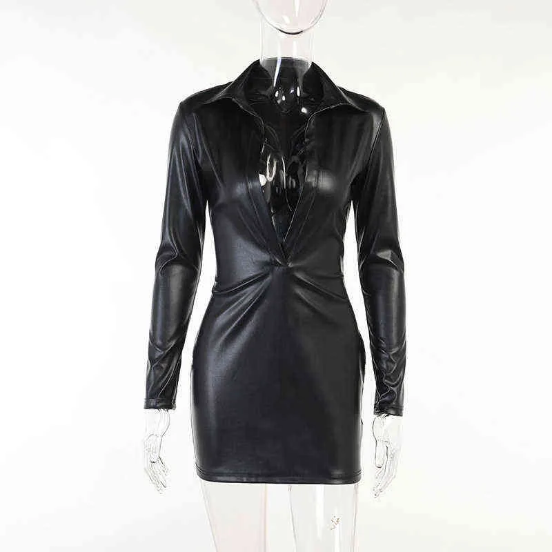 Hugcitar 2021 PU Leather Deep V Neck Z Długim Rękawem Loose Mini Dress Jesień Zima Kobiety Moda Casual Streetwear Stroje Klub Y2K Y1204