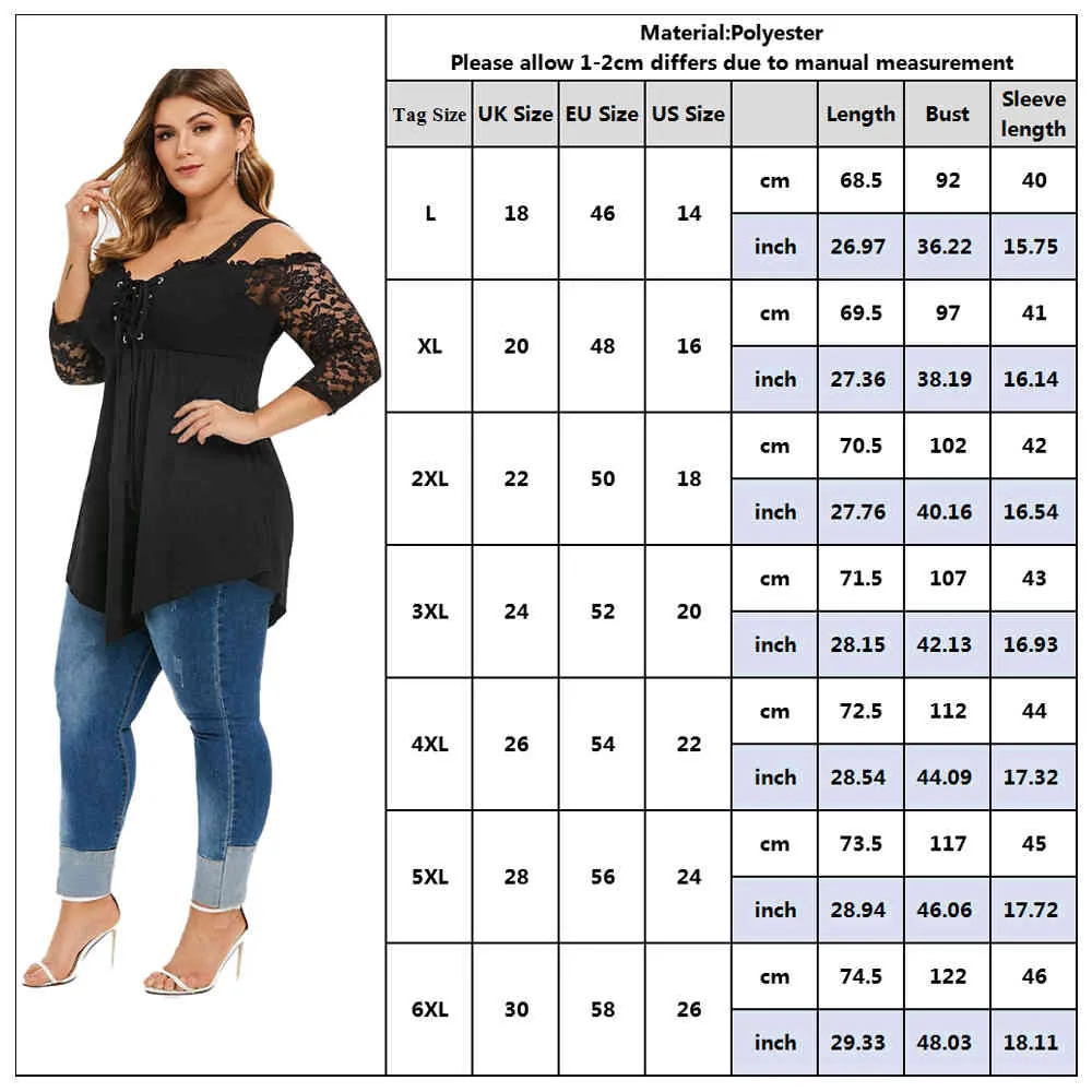 6XL Große Größe Damen T-Shirt Sommer Spitze Langarm Tops für Frauen Übergröße T-Shirts Plus Size T-Shirts Robe Femme D30 210401