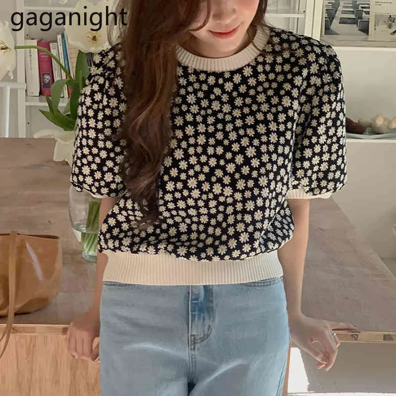 Gaganight Sweet Femmes Tricoté Fleur Tshirt Petite Marguerite Summer Fashion Lady Tee Shirts Chic Coréen All Match Drop 210519