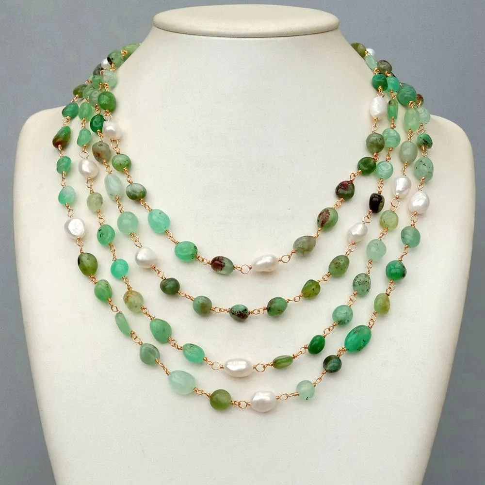 YYGEM 4 brins Naturel Vert Chrysoprase Forme Libre Culture Blanc Perle Baroque Collier Wrap 19