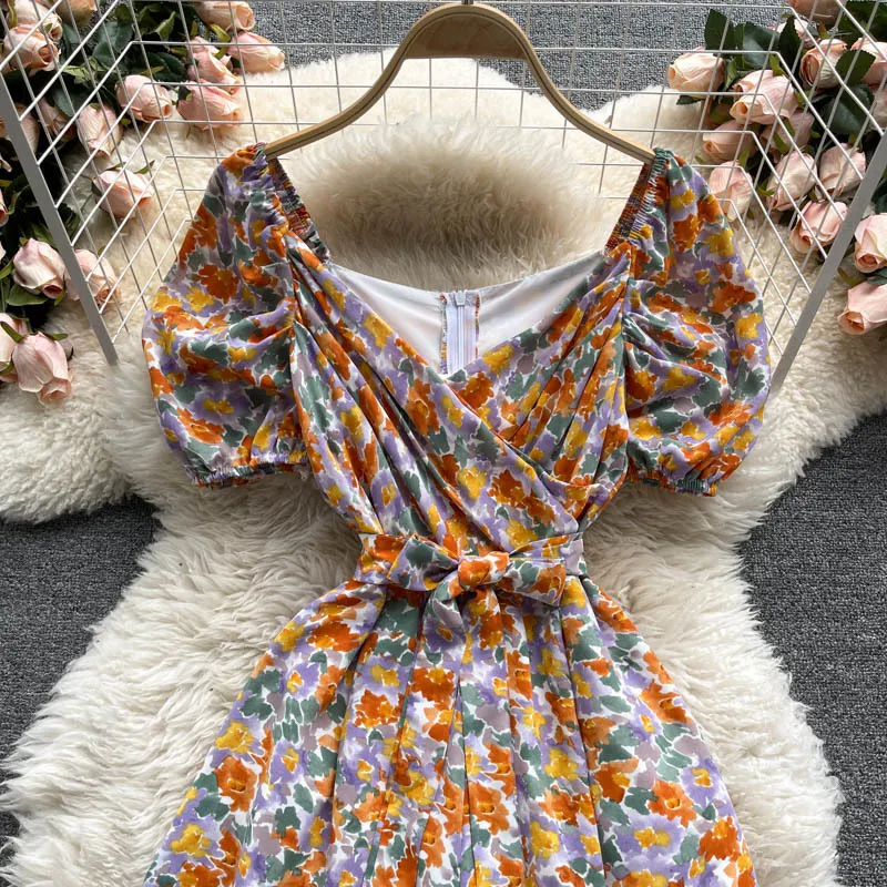 Singreiny Women Boho Floral Rompers Retro Puff Sleeve V Neck Sashes Casual Jumpsuit Sommar Vacation Beach Wide Ben Short Rompers 210419