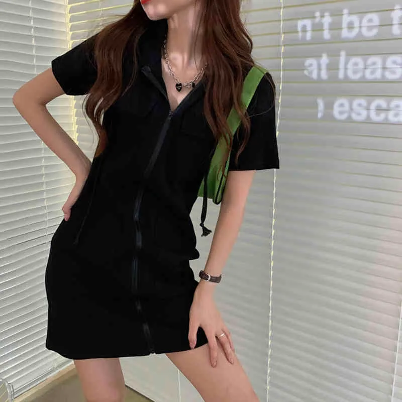 夏の女性のドレス韓国風半袖ジッパーの女性スリムスリムフード付きセクシースカートPL245 210506