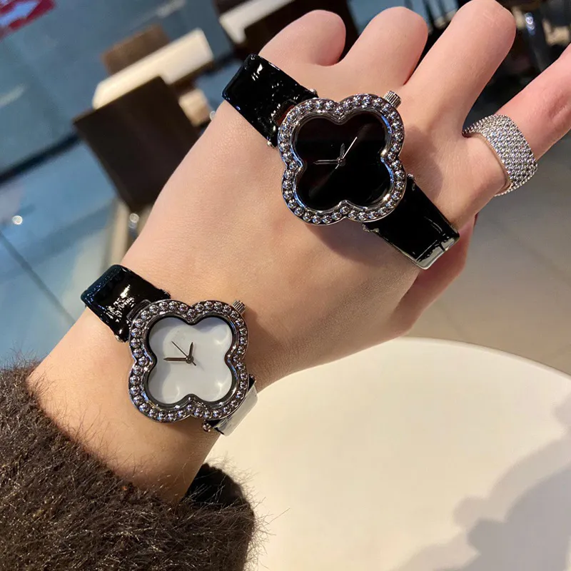 Relojes de pulsera de marca de moda para mujer y niña, reloj con correa de cuero estilo cristal con flores VA02233s