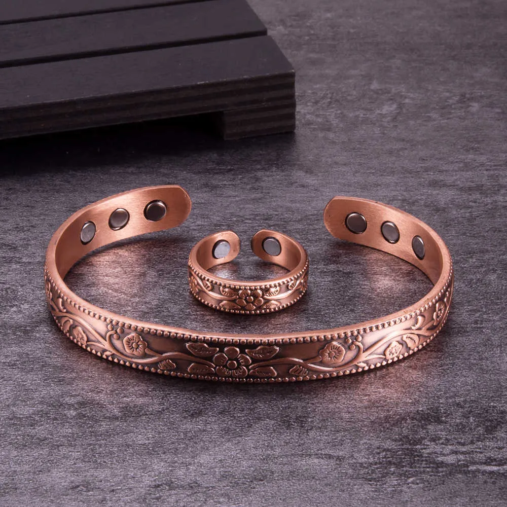 Bijoux de cuivre pur magnétique anneau bracelet réglable vintage fleurie énergétique de santé arthrite ensemble pour femmes hommes 2107202902828