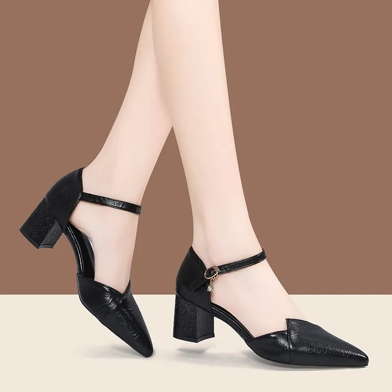 Primavera estate Donna Tacchi alti Scarpe eleganti Sandali con punta a punta Décolleté con cinturino alla caviglia Sandali con tacco quadrato nero Mujer Office 9154N