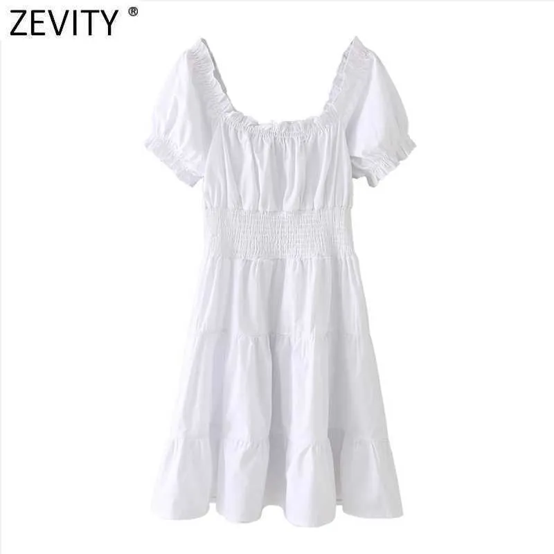 Zevity Women Sweet Agaric Lace High Waist Elastisk Vit Slank Mini Klänning Sommar Kvinna Chic Kortärmad Party Vestido DS8209 210603