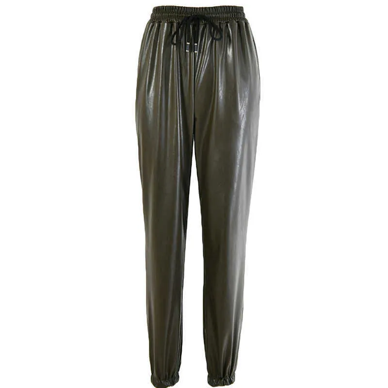 Мода улица леди эластичные талии карандаш брюки женские PU кожаные осенние драматы спортивные штаммы карманы брюки для женщин 210604