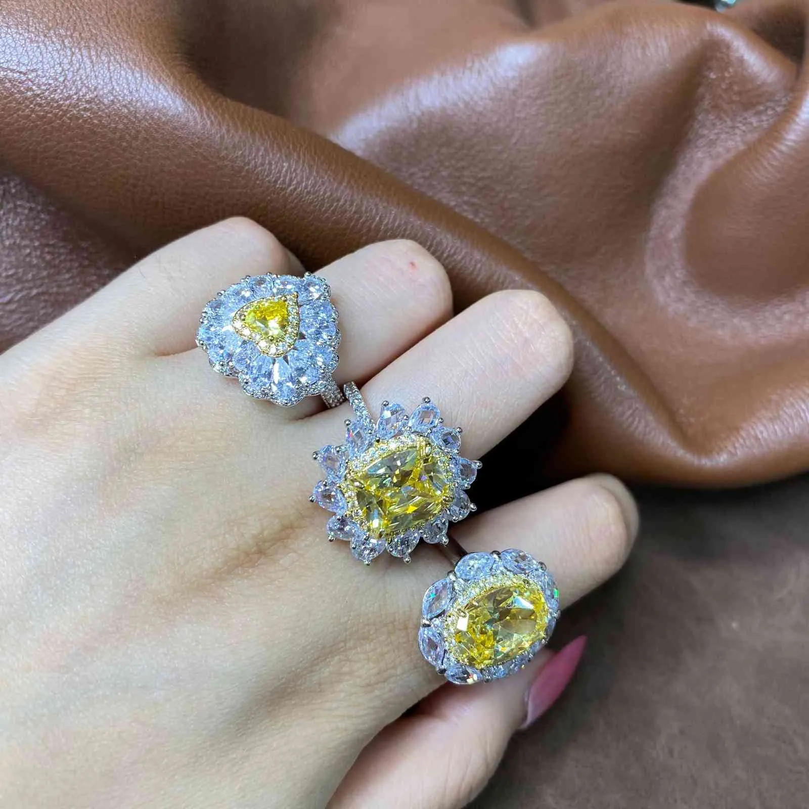 Lady diner elegante luxe zirkoon diamant persoonlijkheid teelt geel blauwe ring zoet netto rood meisje Ring Necklace1024598