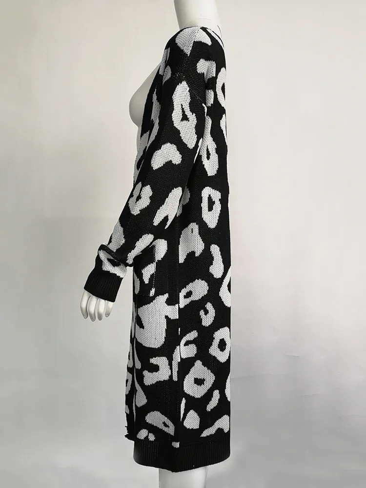 봄 대형 4XL-6XL 표범 인쇄 긴 카디건 전체 슬리브 포켓 캐주얼 뜨개질 스웨터 겉옷 C02701K 210416