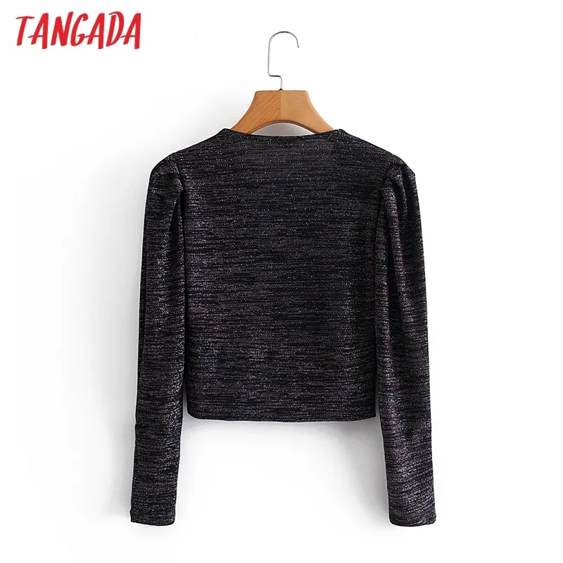 Mujeres Retro Silver Yarn Crop Manga larga Chic Mujer Sexy Slim Shirt Tops 3A111 210416