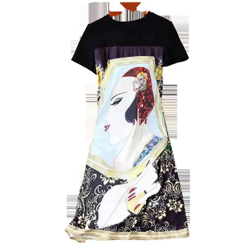 Zomer hit t-shirt jurk voor vrouwen vintage cartoon print Koreaanse mode O-hals korte mouw casual losse jurken 210428