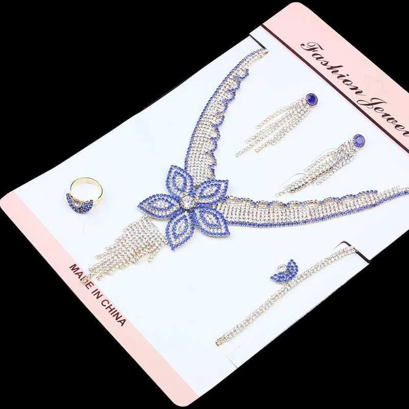 Blue Flower Donne di Lusso Donne Nigeriane Naija Sposa Cubic Zirconia Crystal Collana Collana Anello Braccialetto Bble Bangle Set di gioielli Dubai H1022