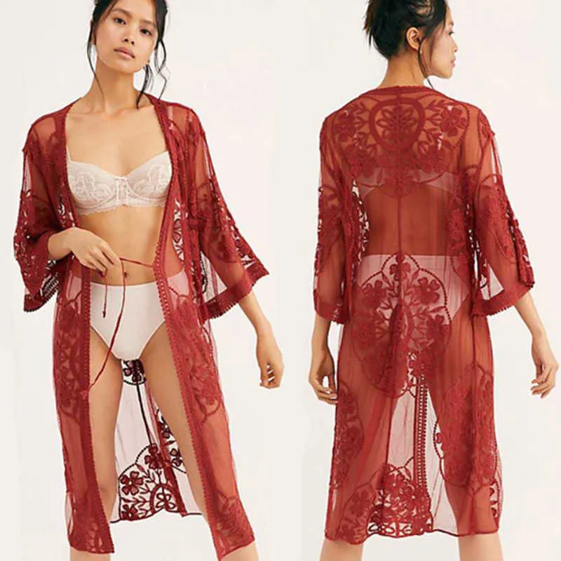 Fitshinling Flor encaje playa cubrir traje de baño kimono manga acampanada ver a través de cardigan largo bikini exterior sexy -ups 210722