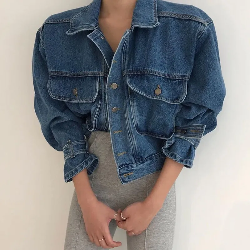 Korobov Korean Streetwear Fashion Women Denim Coats Vintage Turn-Down Collar Long Sleeve Jean Jackets Harajuku Mujer Chaqueta 210430
