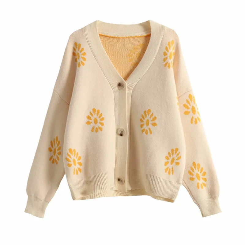 Autumn Women Wool Sweater Coats Cardigans Long Sleeve Floral Single Breasted Female Loose V-Neck Casual Sweaters Clothing 210513