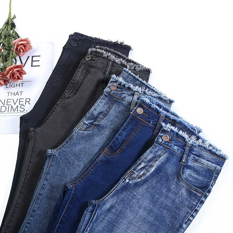 Эластичные джинсы скинни женщины плюс размер высокие талии карандаш брюки джинсовая кисточка твердая мода мода тонкий черный растяжение 210708