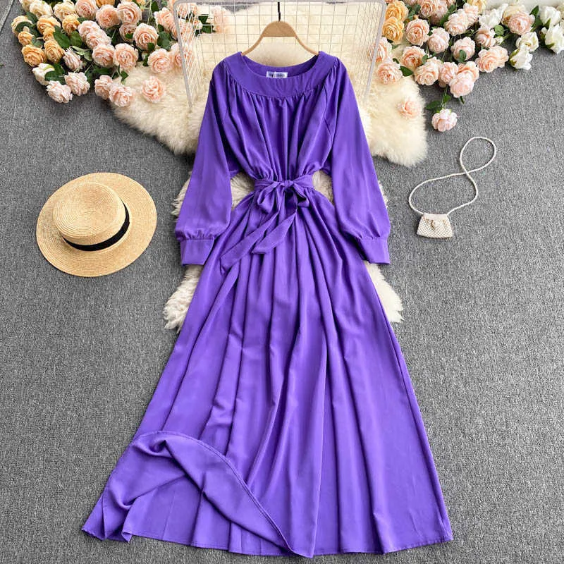 Vintage Fioletowy / żółty / Czarny Długa Dress Kobiety Elegancki Okrągły Neck Rękaw Puff Sleeve High Waist A-Line Maxi Vestidos Kobieta Wiosna Jesień Y0603