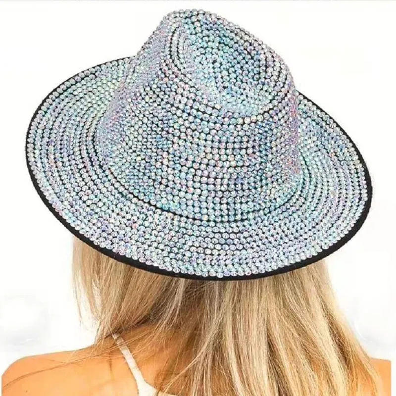 Rhinestone Fedora Hats For Women Men Flat wide Brim Wool Felt Jazz Hats Handmade Bling Studded Party Hat