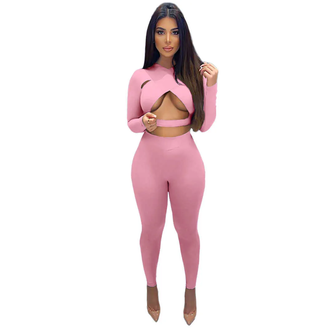 Women Tracksuits Two Pieces Set Deisgner Outfits Slim Sexy Solid Color Cross Cut Pink Outfits Cardigan Long Sleeve Pants Jogger Sets