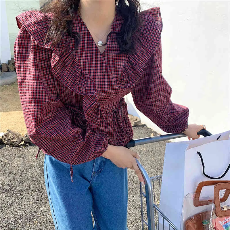 Koreaanse chique vintage meisjes plaid ruches v-hals hoge taille shirts femme party casual zachte geometrische blouses 210525