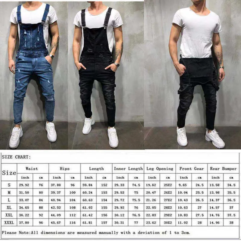 2021 haute qualité hommes Style britannique Denim bavoir pantalon pleine longueur combinaisons Hip Hop déchiré jean salopette pour hommes Streetwear X0621