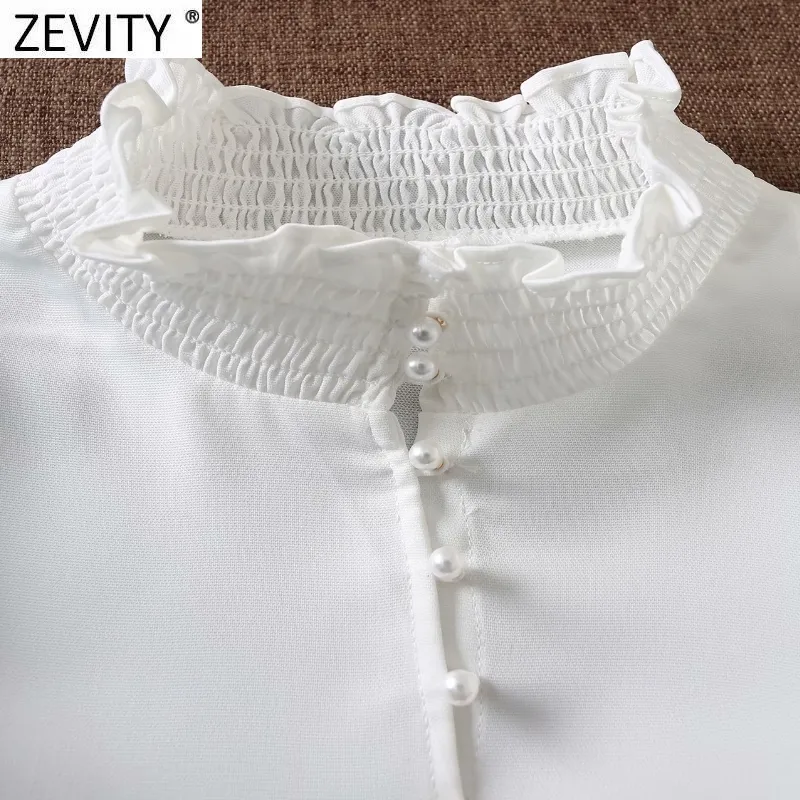 Women Elastic Ruffled Collar Pearl Buttons White Short Shirt Female Lantern Sleeve Court Blouse Roupas Chic Tops LS7601 210420
