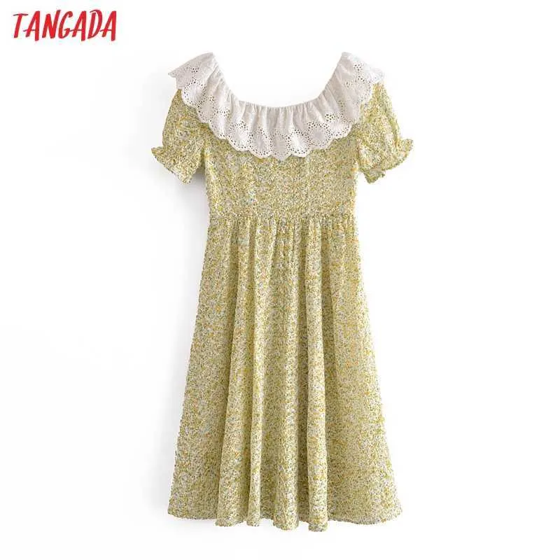 Tangada été femmes broderie col jaune fleurs imprimer Style français robe à manches courtes dames robe d'été 3H371 210609