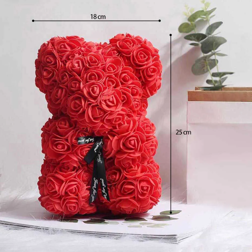 25 cm Teddy-Rosenbär, rote Rose, Blumenbär, PE-Schaum, flauschige Blase, künstliche Blume, romantisches Valentinstagsgeschenk, Rosenbär-Geschenk 210610