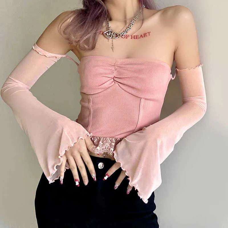 Neonbabipink Fairy Grunge T Shirts för kvinnor Sheer Mesh Långärmad Astetic Close Lace Trim Crop Top Estetic Clothes N94-CZ12 Y0621