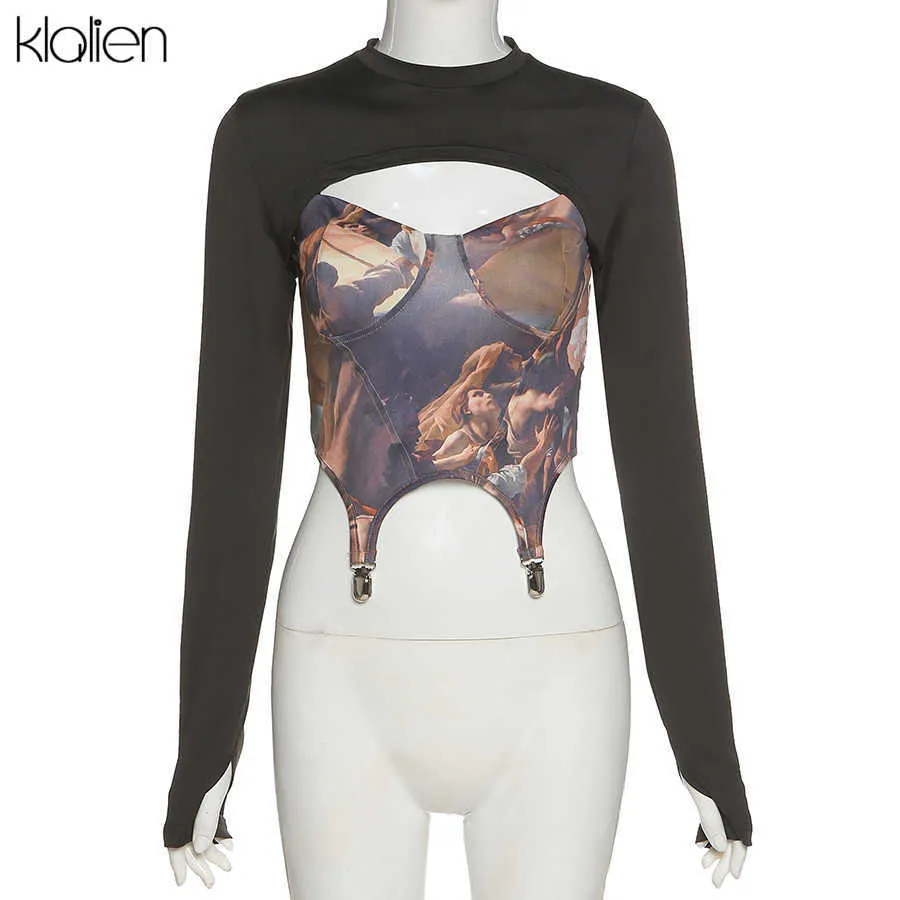 KLALIEN Fashion Print Long Sleeve Female T Shirt Spring High Street Casual Simple Harajuku Top Women Slim Was Thin Aesthetic Tee 210719