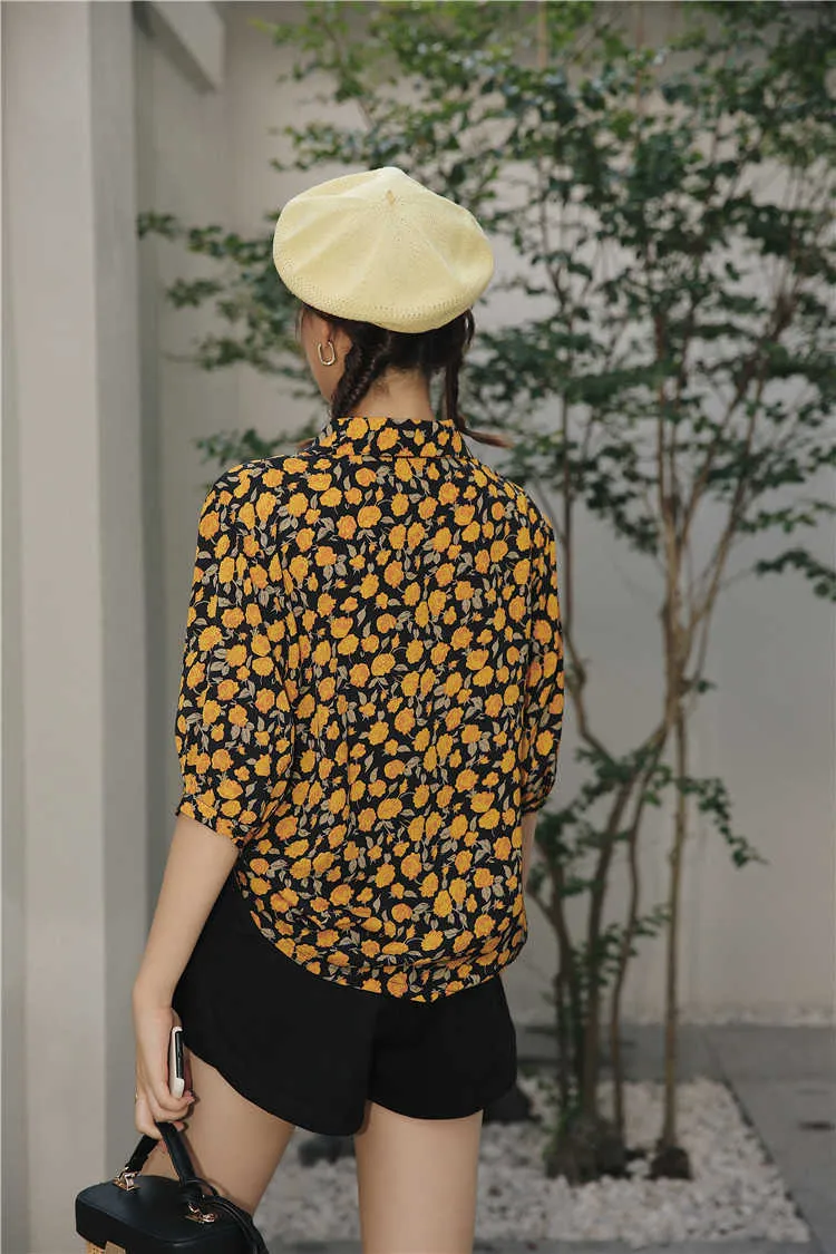 Oranje Floral Shirt Dames Zomer Retro Hong Kong Stijl Korte Mouwen Top Casual Printing Bottoming 210527