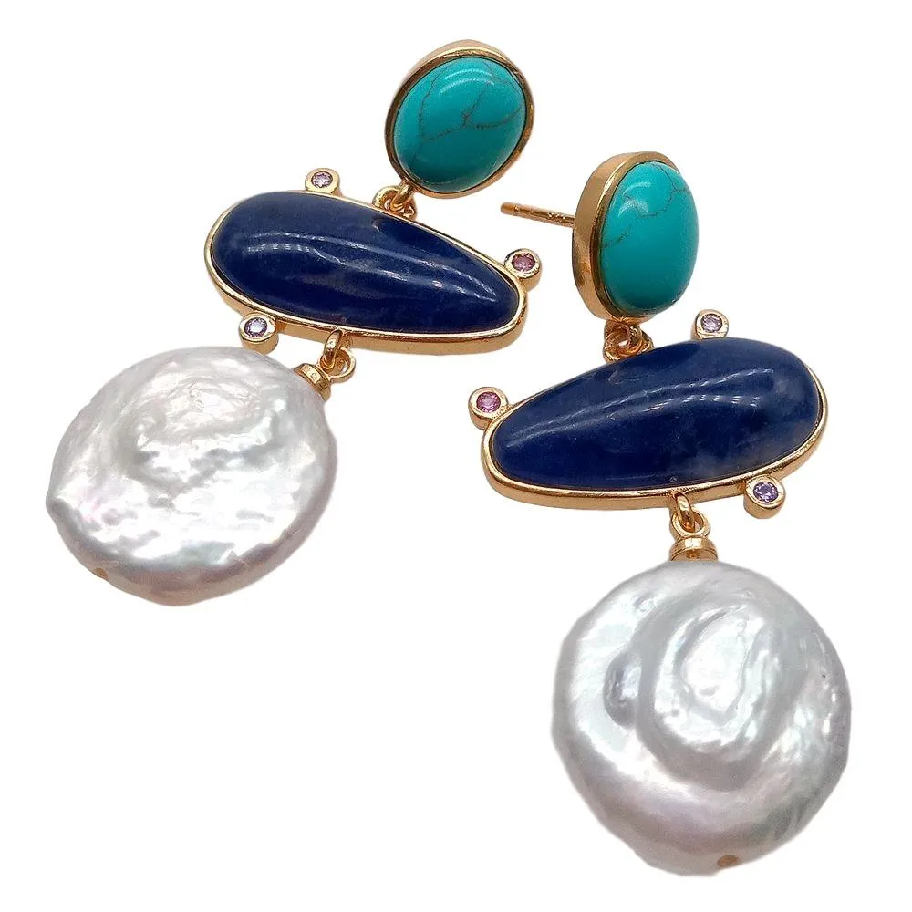 女性のための電気めっきされたエッジスタッドのイヤリングと幾何学的な天然のソーライト培養白​​いコインの真珠のターコイズ