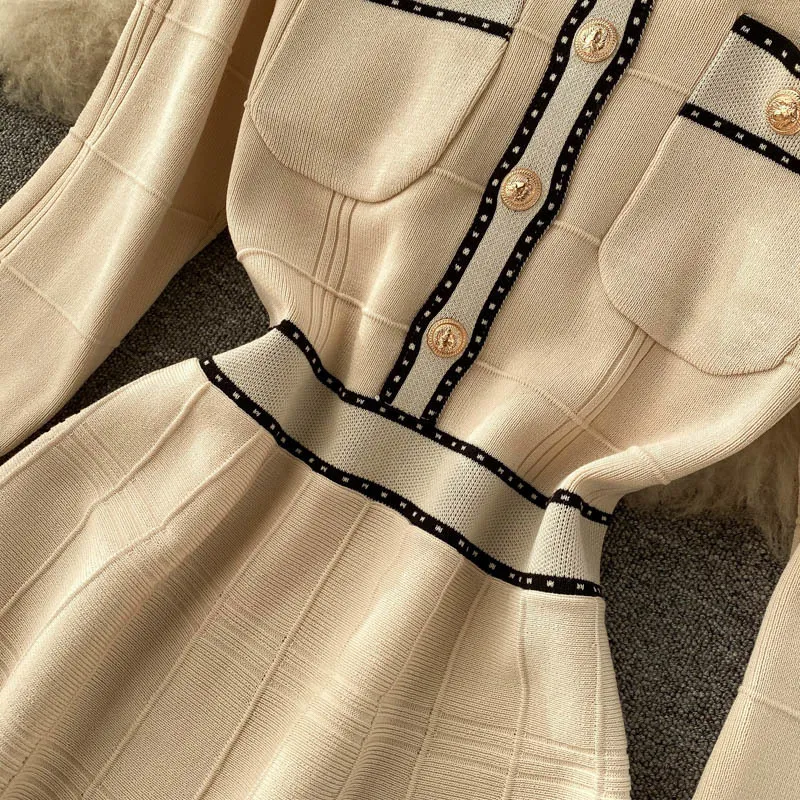 Automne hiver tempérament robe tricotée rayé couleur correspondant revers rétro boutonné mince fond UK816 210507