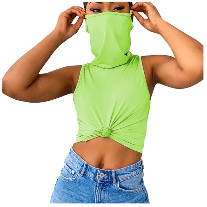 女性屋外Tシャツソリッドカラーノースリーブバンドマスク紫外線保護Tシャツ防風砂カバーパーティービーチショートシャツトップ210515