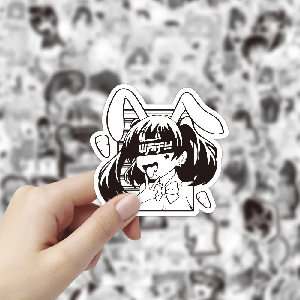 Auto Sticker 10/50 / 100 Stks Anime Sexy Pinup Girl Hentai Waifu Stickers voor Laptop Telefoon Case Gitaar Auto Skateboard Zwart en Wit Vinyl Decal