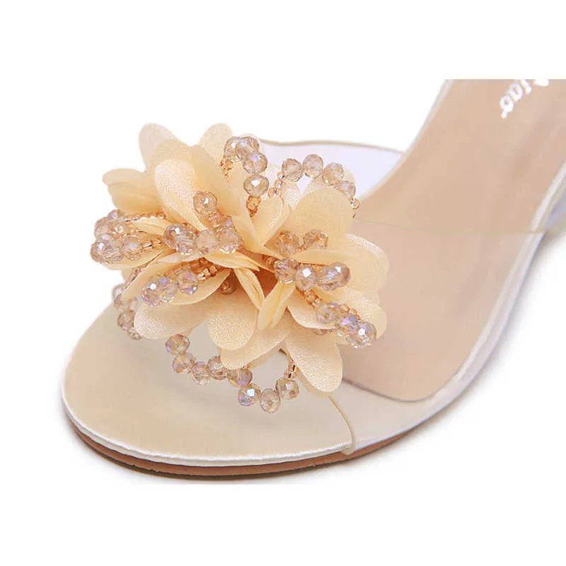 Fashion Flower Transparent High Heels Tofflor Kvinnor 2020 Sommar 8cm Crystal Wedges Sandaler Bling Concise Shoes TWS098 Y0608