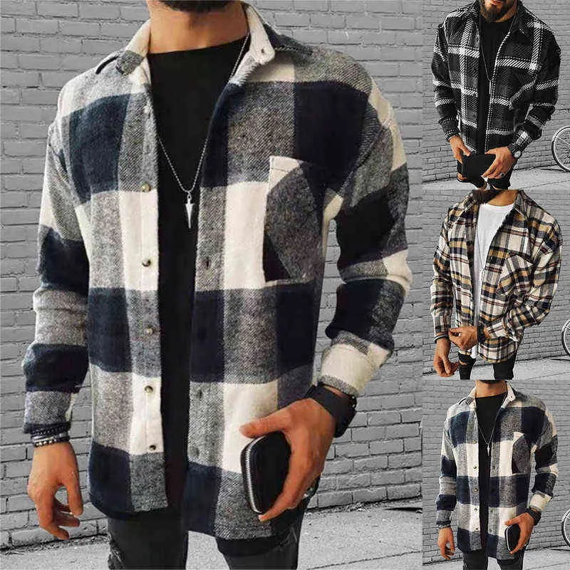 Mode Homme Printemps Plaid Casual Flanelle Chemises Homme À Manches Longues Doux Confort Slim Fit Styles Hommes Designer Vers Le Bas Veste Cardigan Chemise 211202