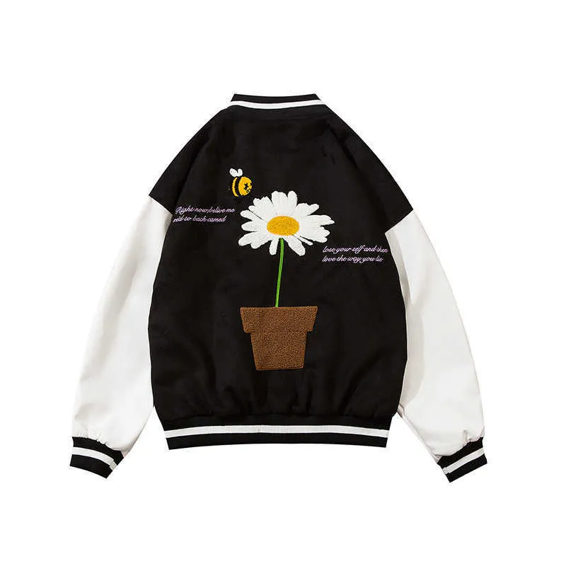 Suede Daisy Bee Handdoek Borduren Baseball Jas Herfst Harajuku Casual Streetwear Heren Hip Hop Mode Losse Jassen 211025