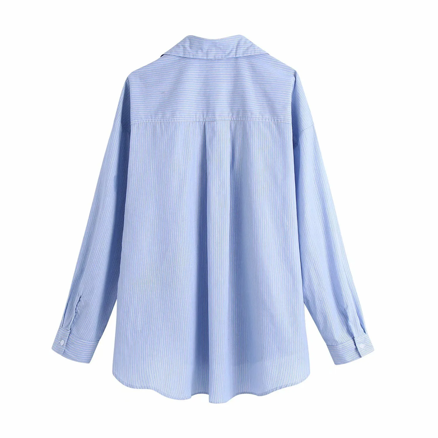 Femmes Bleu Rayé Revers Manches Longues T-shirt Vintage Couture Lâche avec Poche Chic Femme Tops 210507
