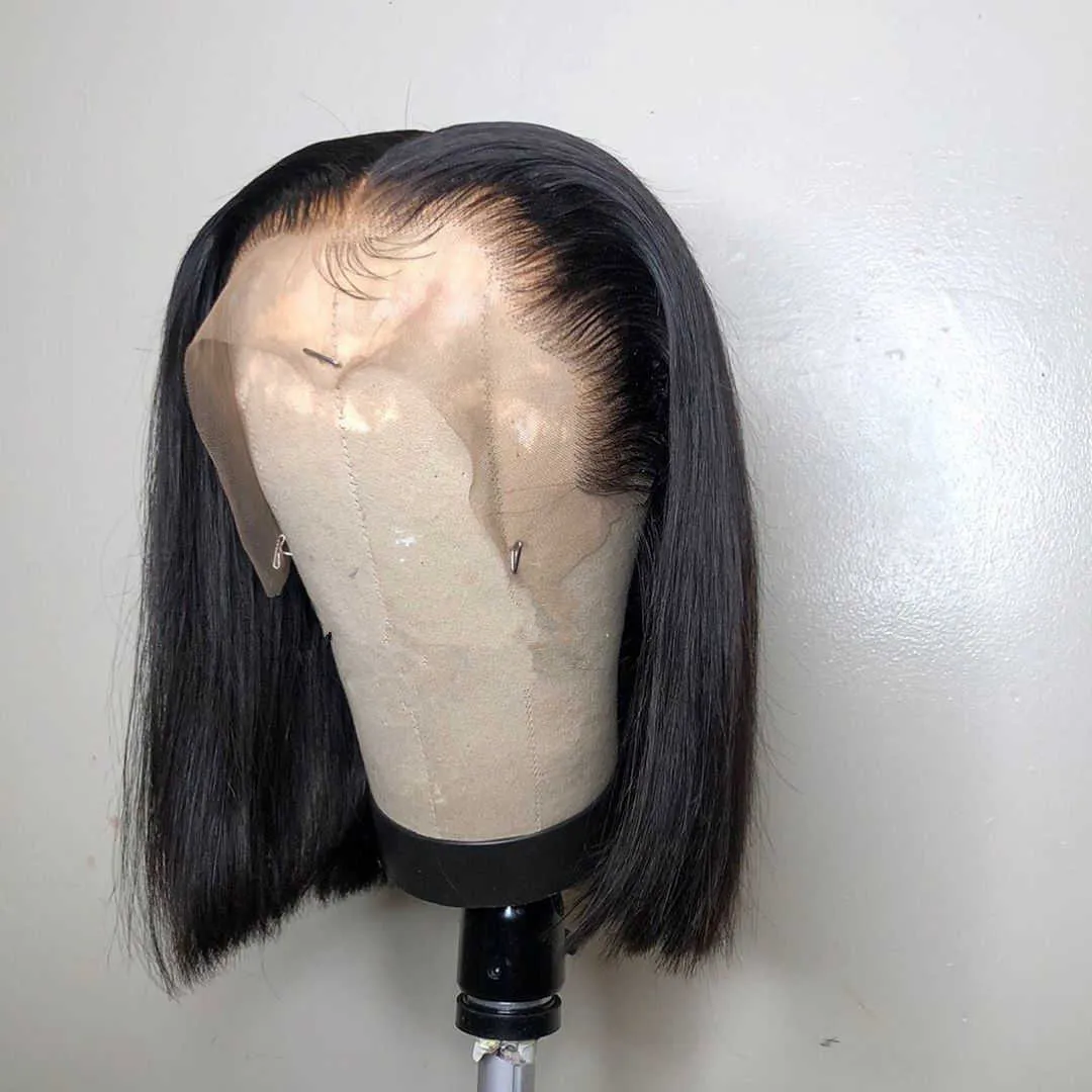 Seamless black hair azabache Part Wig with blunt cut front mesh Bob short heat resistant synthetic wig straight wire for luck8210726