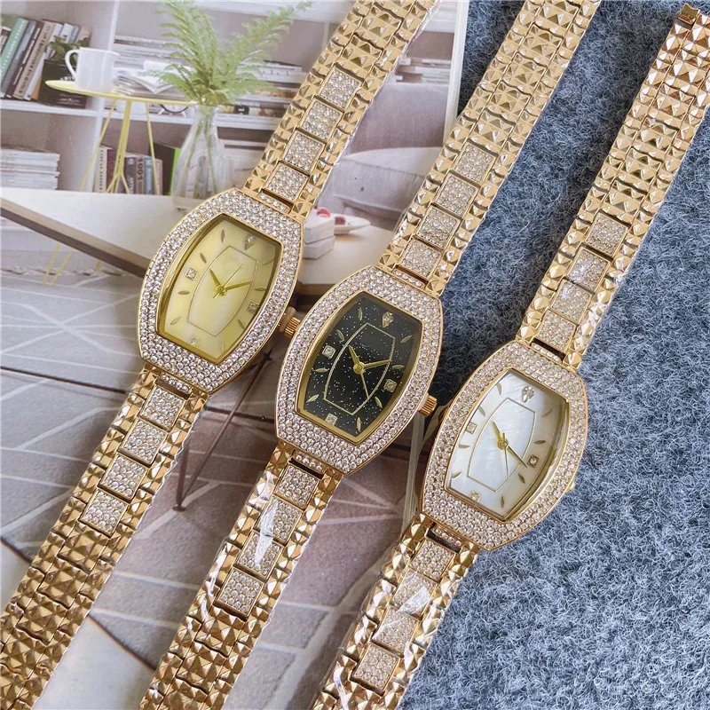 Mode Marke Uhren Frauen Mädchen Kristall Tonneau Stil Stahl Metall Band Schöne Luxus Armbanduhr Di233332