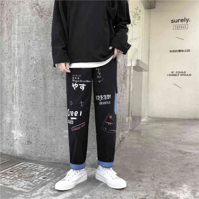 Droite Denim Jeans Hommes Graphique Imprimé Jeans Streetwear Jeans Homme Wildleg Pantalon Hip Hop Coréen Harajuku Mode Pantalon 211201