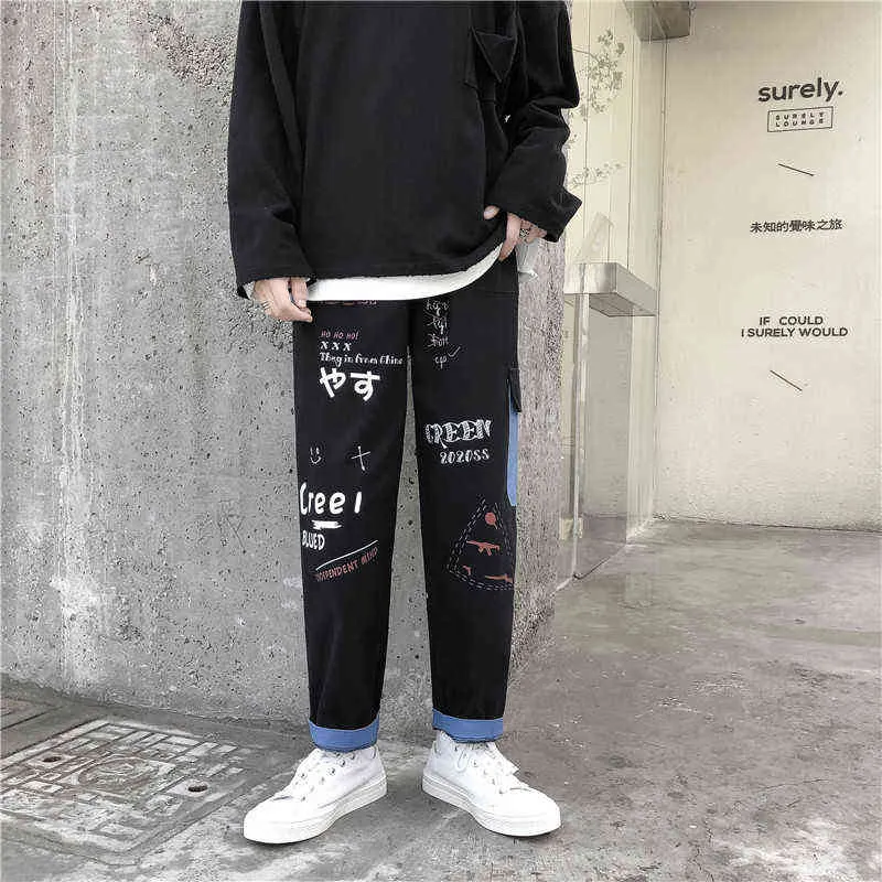 Straight Denim Jeans Men Graphic Printed Jeans Streetwear Jeans Man Wildleg Pants Hip Hop Korean Harajuku Fashion Pants 211201