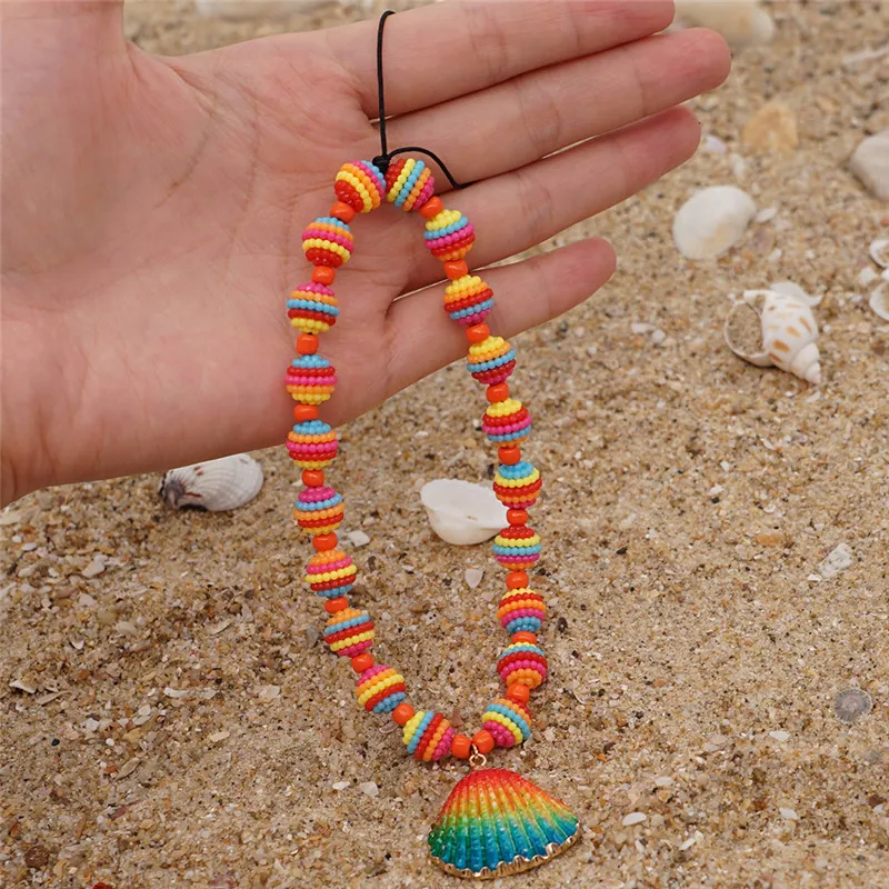 Punki basit bohem tarzı plaj gökkuşağı kabuk zinciri el yapımı renkli boncuklu cep telefonu kordon kadın hediyeler
