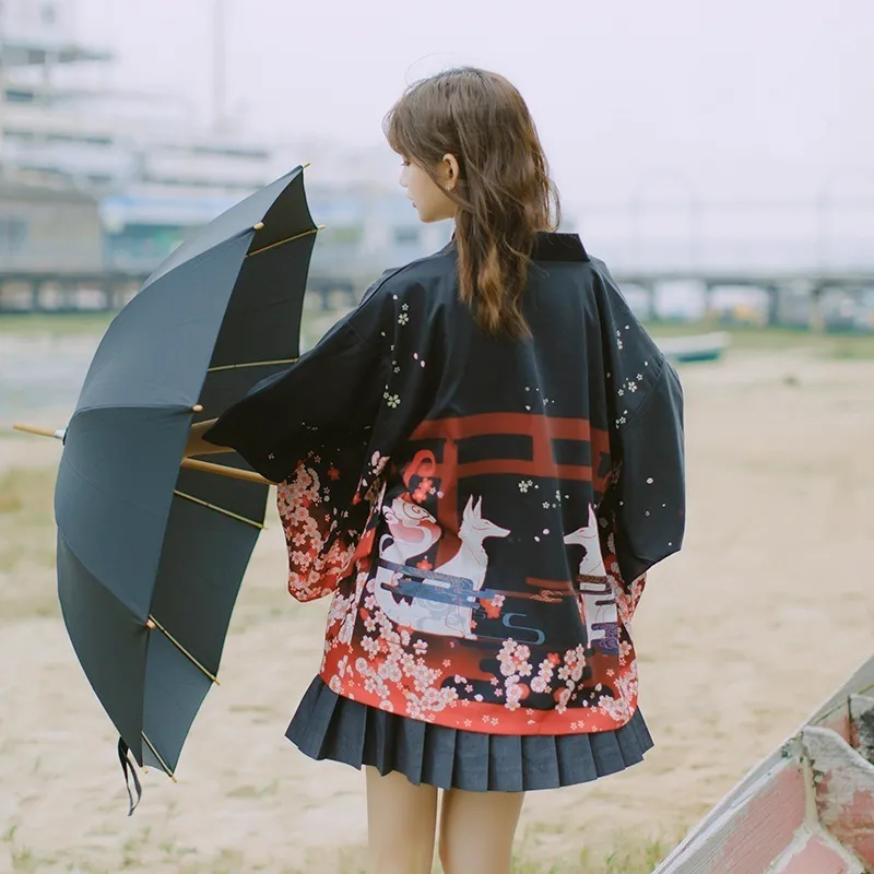 Kimono Cardigan Womens Tops and Blouses Japan Style Streetwear Women Kobiety Tops Letnia koszula Kobieta czarna AA4762 210412