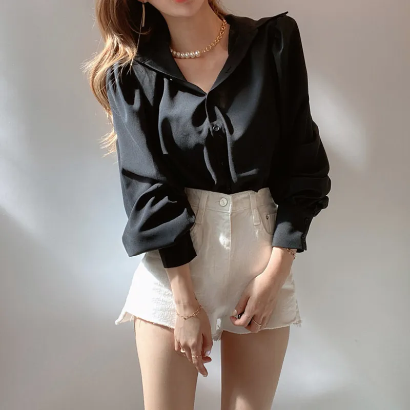 Ezgaga Ofis Lady Gömlek Kore Chic Moda Turn-down Yaka Gevşek Uzun Fener Kol Mor Kadın Zarif Sonbahar Gömlek Tops 210430