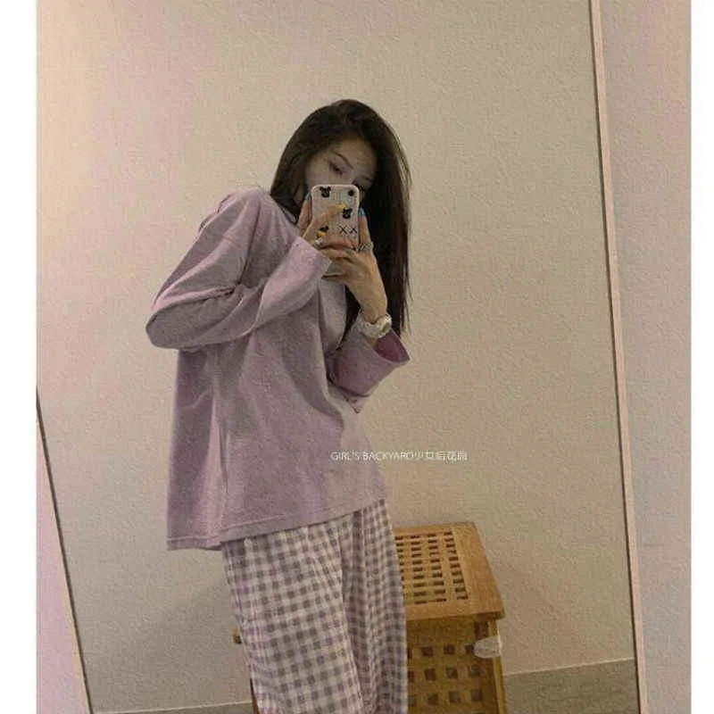 Pajamas for Girls Sleep Tops + Plaid Pants Home Clothes Women Loungewear Pijamas Femme Sleepwear Korean Style Trouser Suits 211109